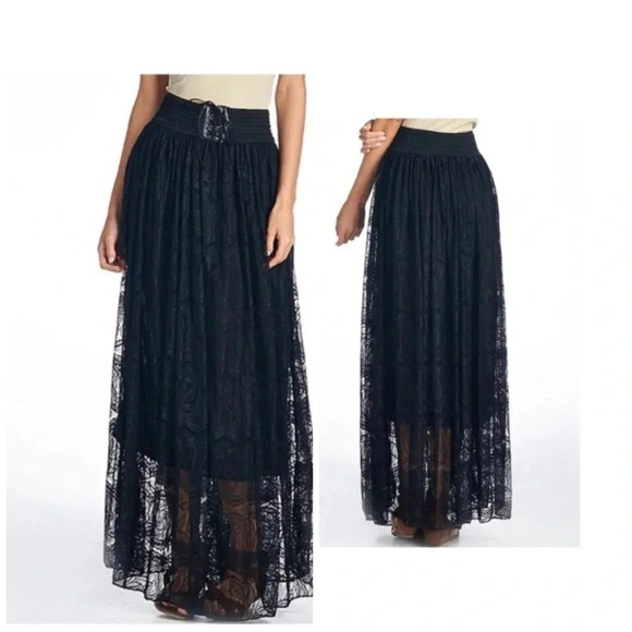 🆕Black Bohemian Swirl Lace-Up Maxi Skirt OS🆕 - Picture 1 of 10